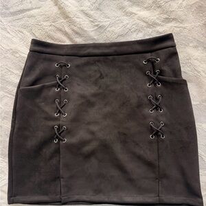 Black Lace-Up Suede Mini Skirt